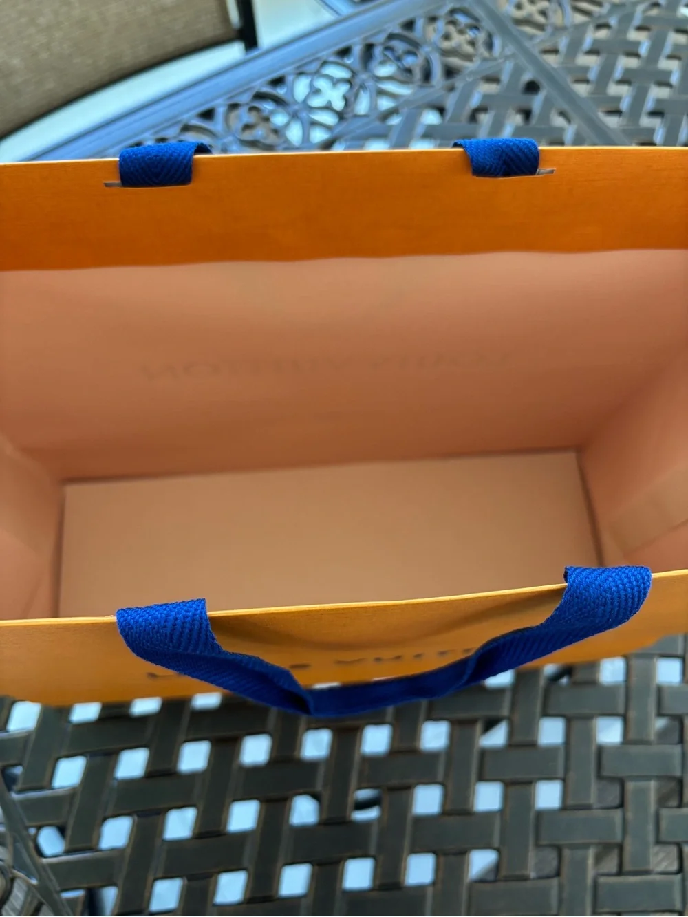 Louis Vuitton Orange Shopping Bag with Blue Handles